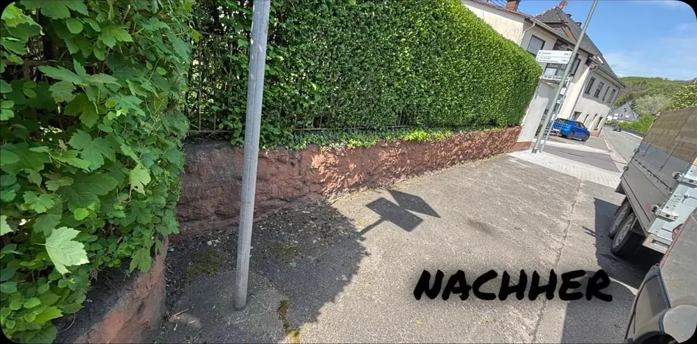 Nachher: Hecke geschnitten, Gehweg gesäubert